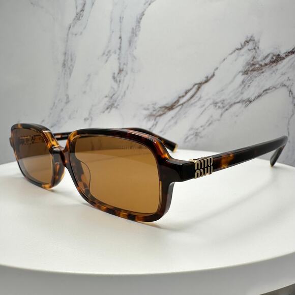 New MIU MIU Sunglasses Brown Tortoise Slim Rectangular Acetate Logo Authentic main image 5